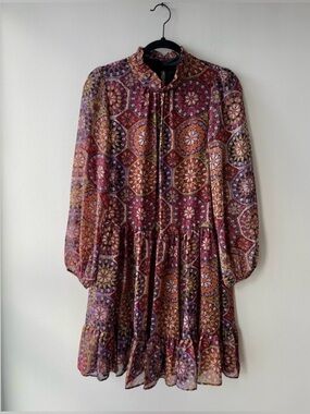 GABBY SKYE | Floral Mosaic Prints Ruffled Long Sleeves Dress